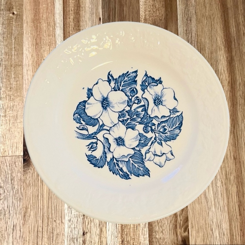Vintage WILD ROSE Blue & White Saucer Flower Embossed Design Rim USA J 9 N 6